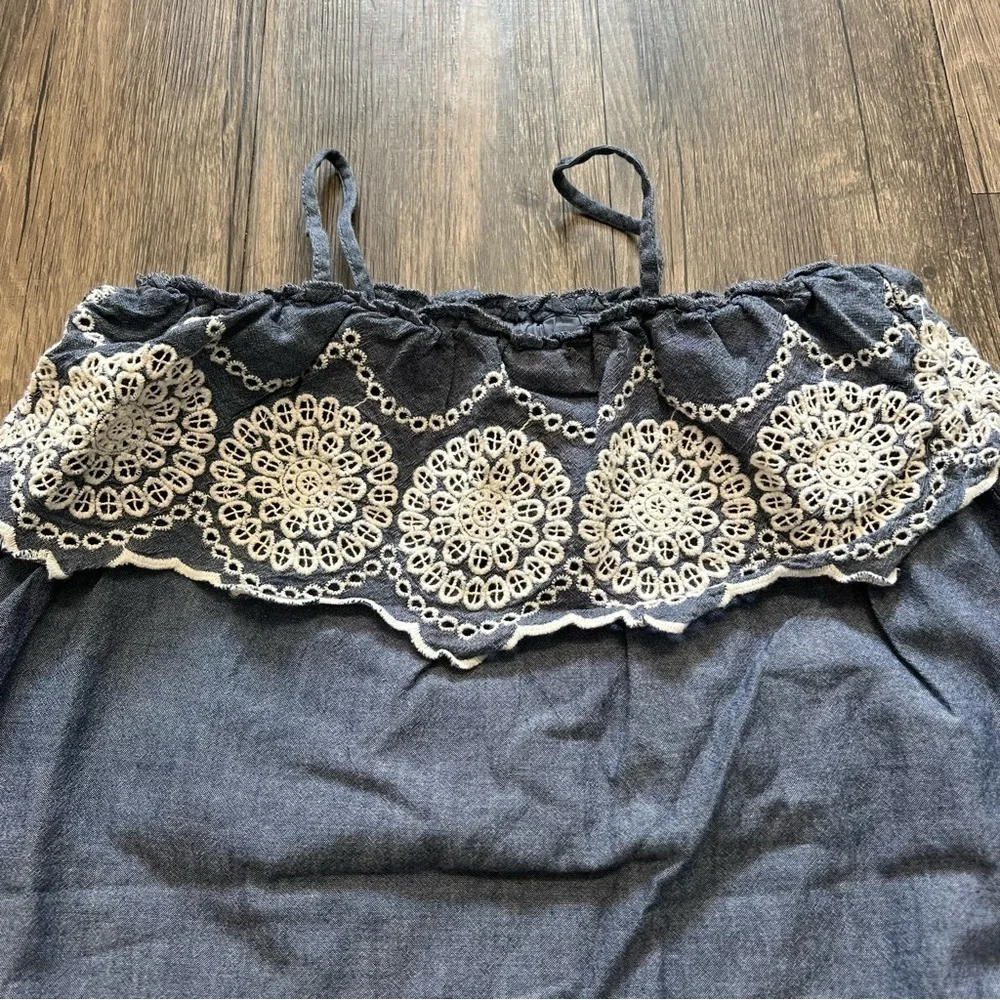 Baby Gap Blue Ivory Cotton Crochet Embroidered Baby Doll Top Dress Size 3